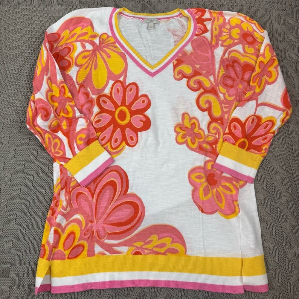 Talbots Floral V-Neck Sweater - Pink and Yellow Mod ~ Small